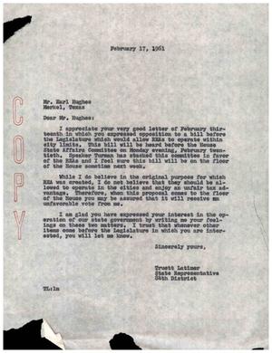 [Letter from Truett Latimer to Earl Hughes, February 17, 1961]