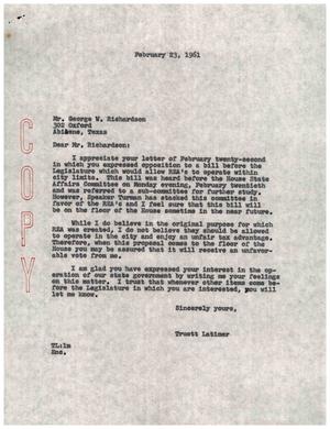 Primary view of object titled '[Letter from Truett Latimer to George W. Richardson, February 23, 1961]'.