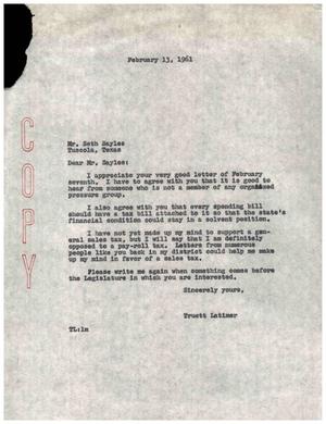 [Letter from Truett Latimer to Seth Sayles, February 13, 1961]