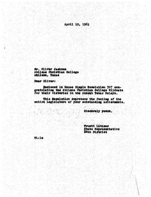[Letter from Truett Latimer to Oliver Jackson, April 19, 1961]