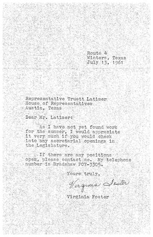 [Letter from Virginia Foster to Truett Latimer, July 13, 1961]