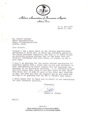 [Letter from Robert H. Deegan to Truett Latimer, March 8, 1961]
