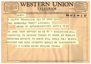 [Telegram from C. R. Kinard, July 31, 1961]