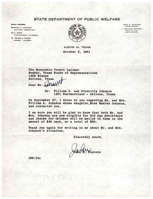 [Letter from John H. Winters to Truett Latimer, October 2, 1961]