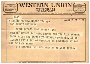 [Telegram from J. J. Sanford to Truett Latimer, April 15, 1961]
