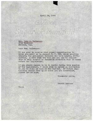 [Letter from Truett Latimer to Mrs. John J. Valkenoon, April 14, 1959]
