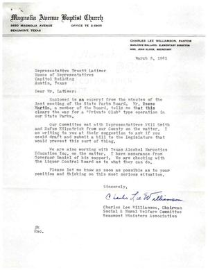 [Letter from Charles Lee Williamson to Truett Latimer, March 8, 1961]