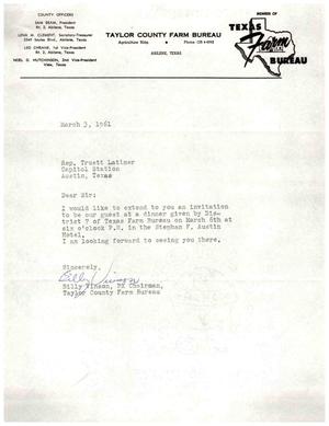 [Letter from Billy Vinson to Truett Latimer, March 3, 1961]