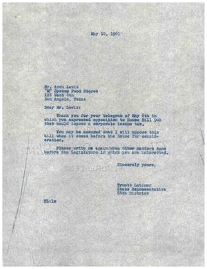 [Letter from Truett Latimer to Arch Lewis, May 10, 1961]