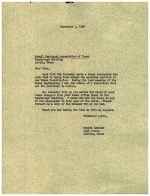 [Letter from Truett Latimer to Retail Merchants Association of Texas, September 1, 1958]