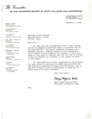 Primary view of object titled '[Letter from Mrs. Mary Virginia Heid to Truett Latimer, September 1, 1959]'.