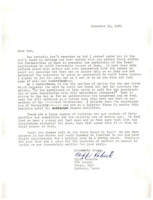 [Letter from Cliff Roberts, December 11, 1960]