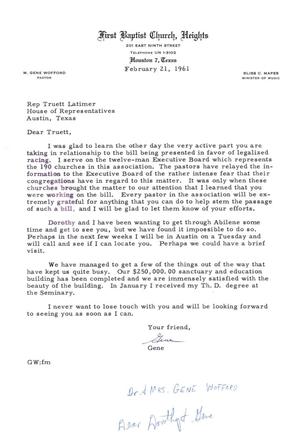 [Letter from M. Gene Wofford to Truett Latimer, February 21, 1961]