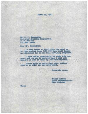 [Letter from Truett Latimer to R. J. Schumacher, April 27, 1961]