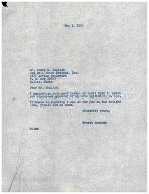 [Letter from Truett Latimer to Henry E. English, May 1, 1961]