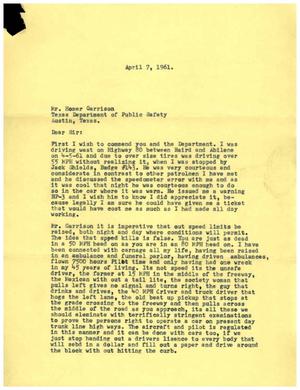 [Letter from W. A. Dickenson to Homer Garrison, April 7, 1961]