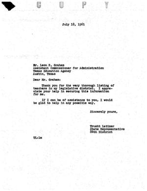 [Letter from Truett Latimer to Leon R. Graham, July 18, 1961]