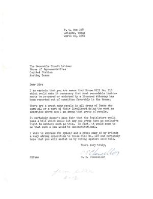 [Letter from C. E. Chancellor to Truett Latimer, April 10, 1961]