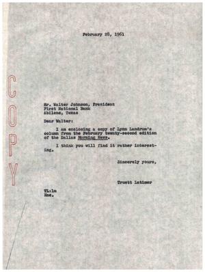 [Letter from Truett Latimer to Walter Johnson, February 28, 1961]