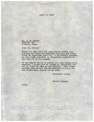 [Letter from Truett Latimer to J. S. Harvey, April 8, 1959]