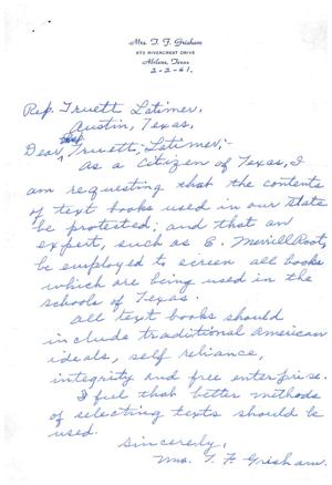 [Letter from Mrs. T. F. Grisham  to Truett Latimer, February 2, 1961]