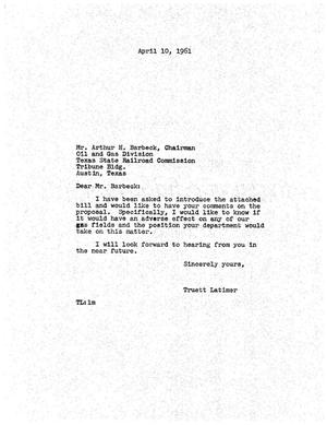 [Letter from Truett Latimer to Arthur H. Barbeck, April 19, 1961]