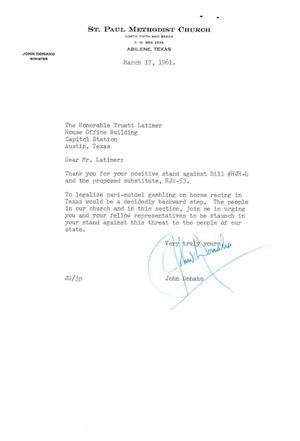[Letter from John Donaho to Truett Latimer, March 17, 1961]