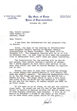 Primary view of object titled '[Letter from E. de la Garza to Truett Latimer, October 20, 1959]'.