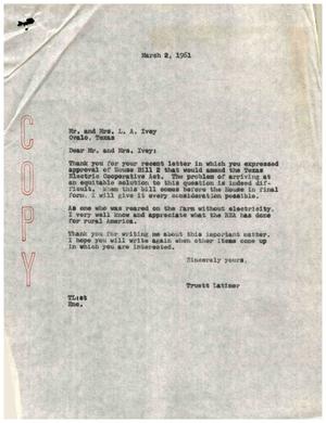 [Letter from Truett Latimer to Mr. and Mrs. L. A. Ivey, March 2, 1961]