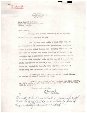 [Letter from Omar Burkett to Truett Latimer, April 14, 1959]