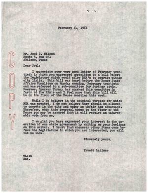 [Letter from Truett Latimer to Joel C. Wilson, February 21, 1961]