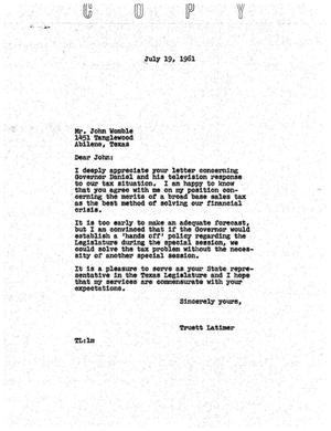 [Letter from Truett Latimer to John Womble, July 19, 1961]