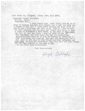 [Letter from Boyd Gillespie to Truett Latimer, February 11, 1961]