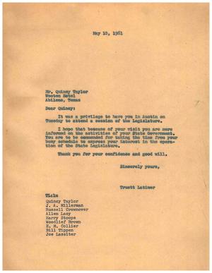 [Letter from Truett Latimer to Quincy Taylor, May 10, 1961]