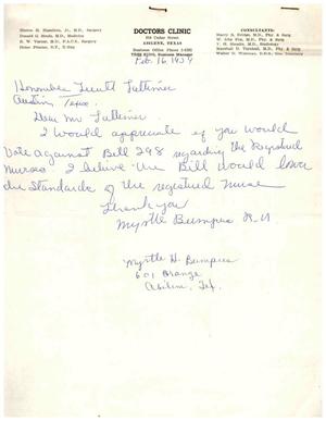 [Letter from Myrtle H. Bunpus to Truett Latimer, February 16, 1959]
