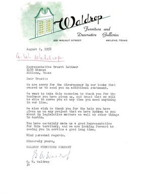[Letter from G. W. Waldrop to Truett Latimer, August 2, 1958]