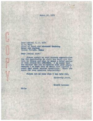 [Letter from Truett Latimer to L. J. Kirn, March 16, 1961]