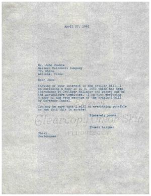 [Letter from Truett Latimer to John Womble, April 27, 1961]