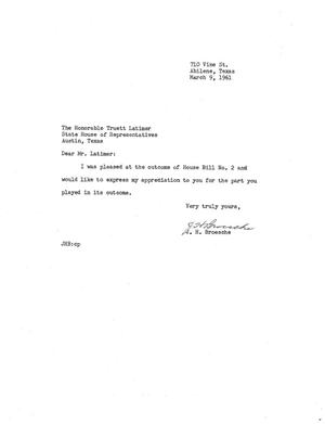 [Letter from J. H. Broesche to Truett Latimer, March 9, 1961]