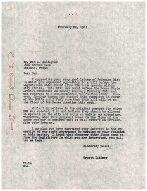 [Letter from Truett Latimer to Dan A. Gallagher, February 22, 1961]