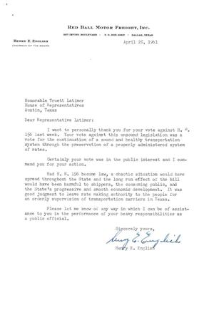 [Letter from Henry E. English to Truett Latimer, April 25, 1961]