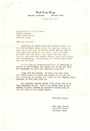 [Letter from Mrs. Max Winters to Truett Latimer, August 21, 1959]