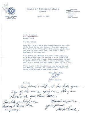[Letter from Truett Latimer to D. C. McCord, April 18, 1959]