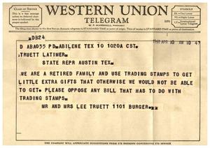 [Telegram from Mr. and Mrs. Lee Truett to Truett Latimer, April 10, 1961]