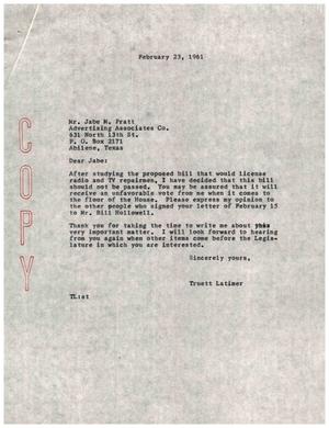 Primary view of object titled '[Letter from Truett Latimer to Jabe M. Pratt, February 23, 1961]'.