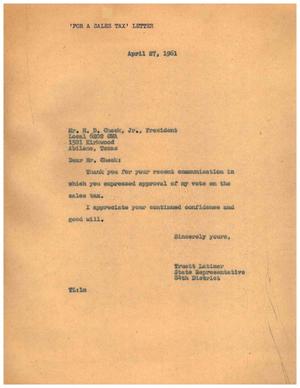 Primary view of object titled '[Letter from Truett Latimer to M. D. Cheek, Jr., April 27, 1961]'.