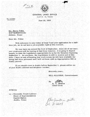 [Letter from Bill Allcorn to Derry Fulks, June 22, 1959]