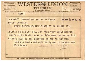 [Telegram from Mrs. W. A. Hale, Mrs. Jack Kunz, Mrs. Ed Baccus, and Mrs. Bess Karr, April 26, 1959]