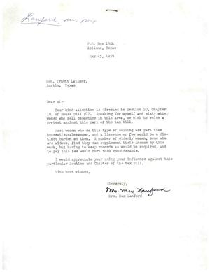 [Letter from Mrs. Max Lanford to Truett Latimer, May 25, 1959]