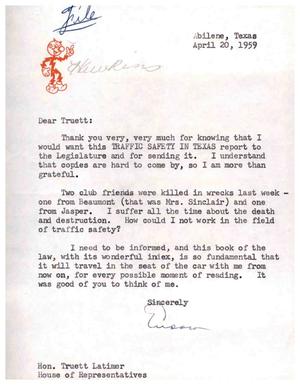[Letter from Eudora Hawkins to Truett Latimer, April 20, 1959]